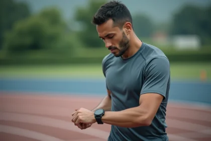 Coureur masculin consultant sa montre GPS sur une piste d'athlétisme pour calculer son temps au kilomètre