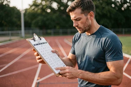 Coureur masculin consultant un tableau allure km/h imprimé sur une piste d'athlétisme lors d'un entraînement