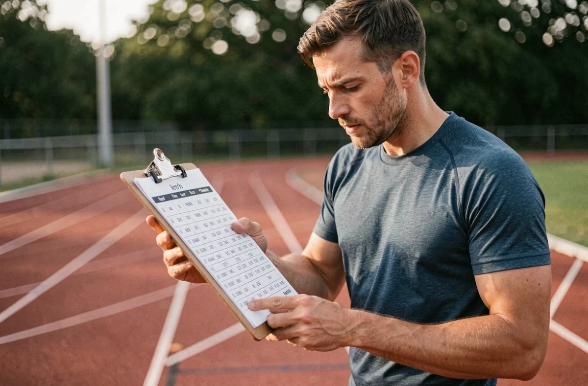 Coureur masculin consultant un tableau allure km/h imprimé sur une piste d'athlétisme lors d'un entraînement