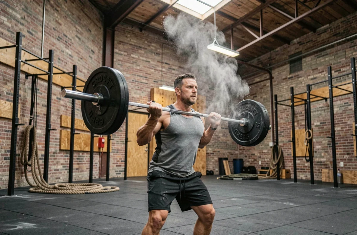Athlète réalisant un exercice de CrossFit avec une barre chargée dans une salle de type box industrielle à Leffrinckoucke