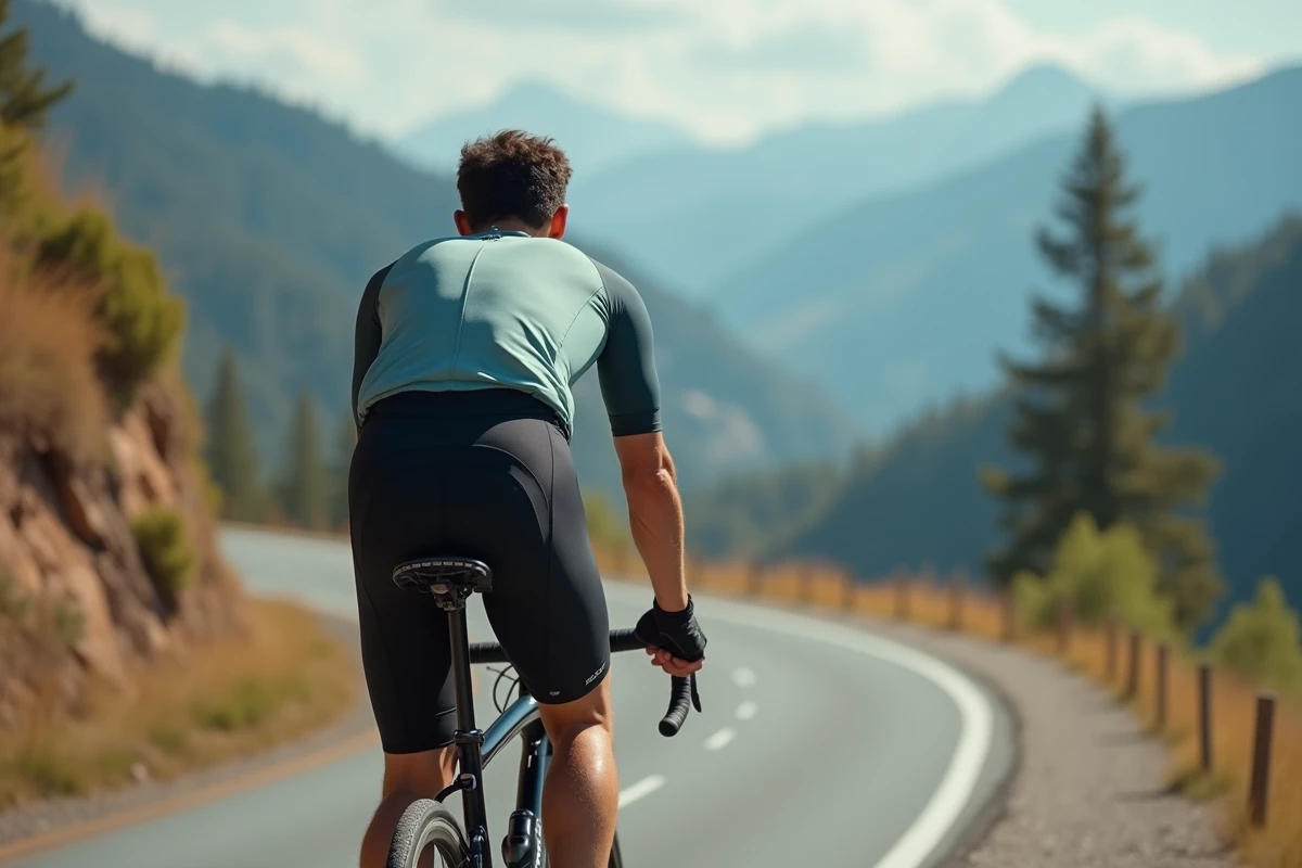 Homme à vélo en montée sur route de montagne