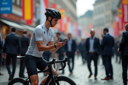 Jeune cycliste professionnel regardant son smartphone