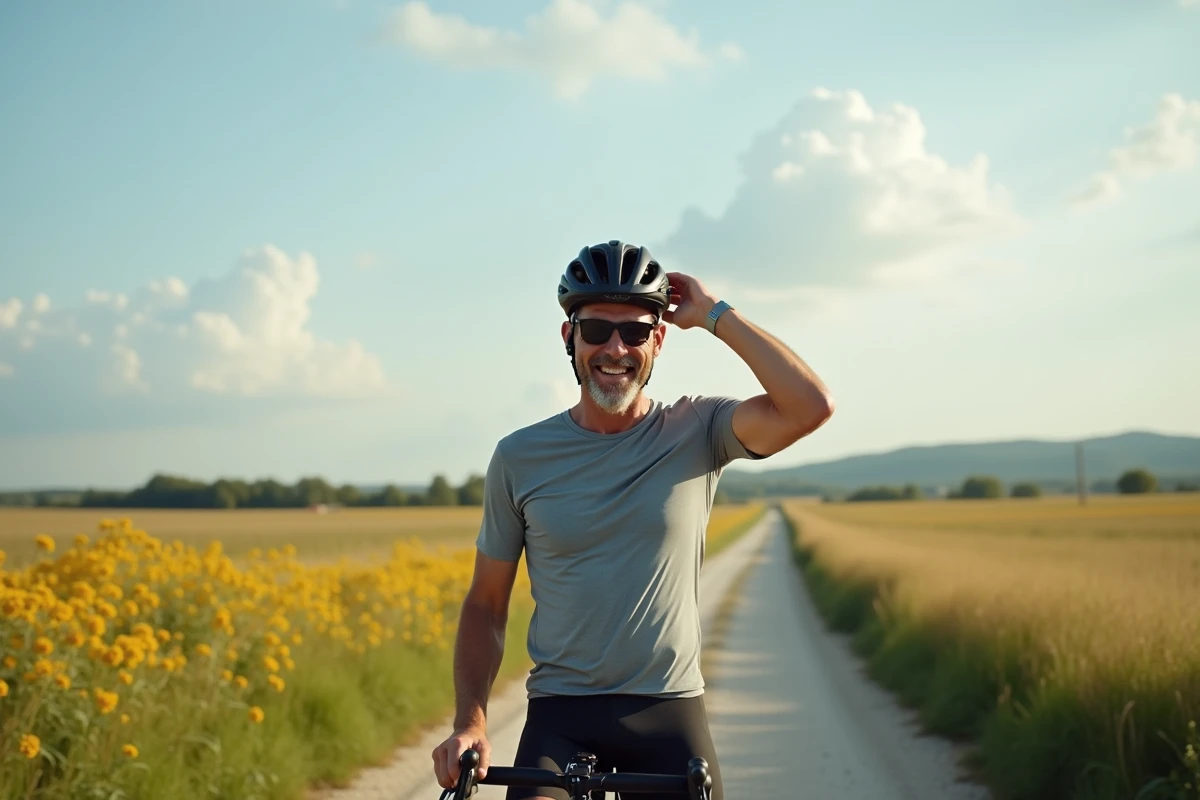 Cycliste rural levant son casque avec un sourire