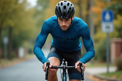Cycliste homme en vélo route regardant la transmission