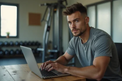 Jeune homme consultant un forum de musculation pour débutants sur son ordinateur portable dans un coin de salle de sport à domicile