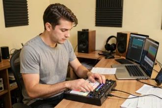 Jeune homme débutant en home studio utilisant une machine à rythmes de type Beatpunch pour apprendre la production musicale
