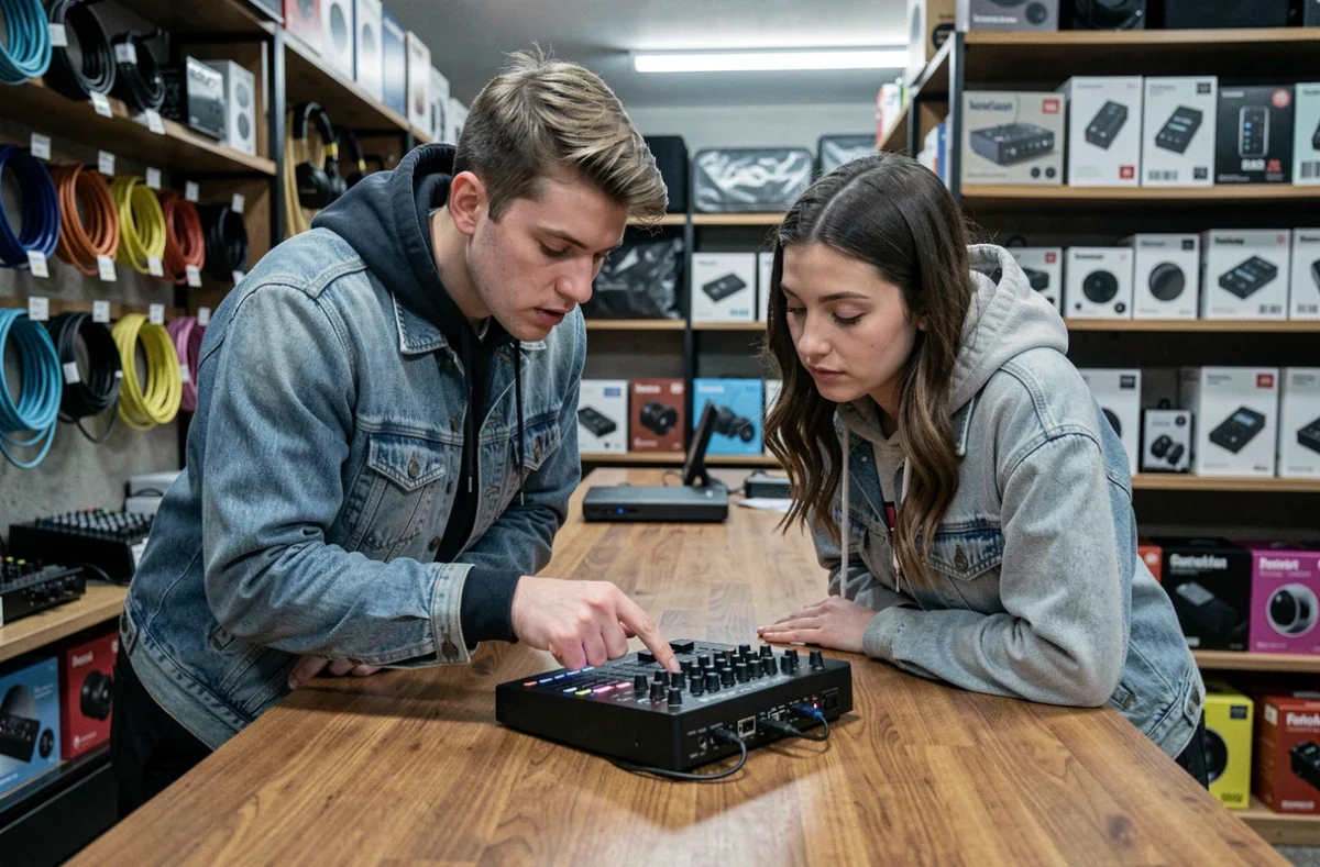 Deux débutants en musique examinant une machine à rythmes Beatpunch dans un magasin d'instruments spécialisé