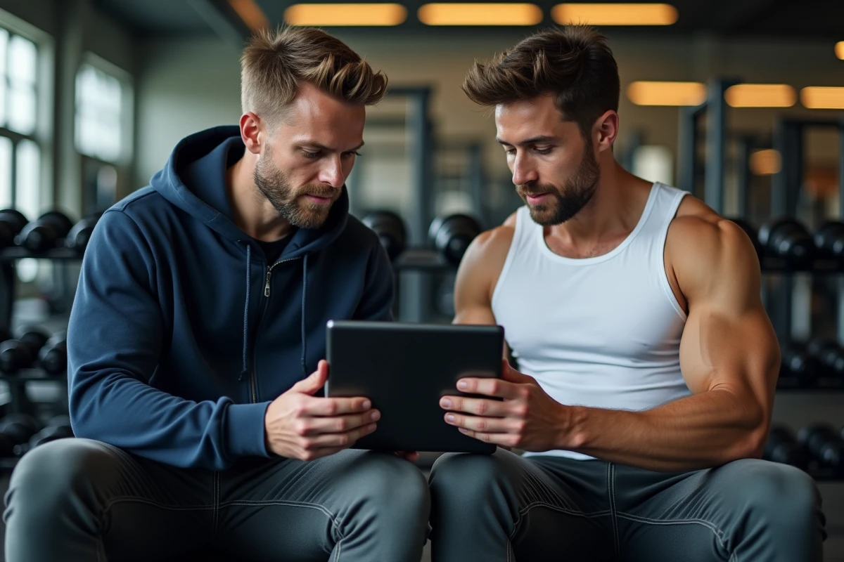 Deux hommes débutants en musculation consultant ensemble un forum de fitness sur une tablette assis sur un banc de salle de sport