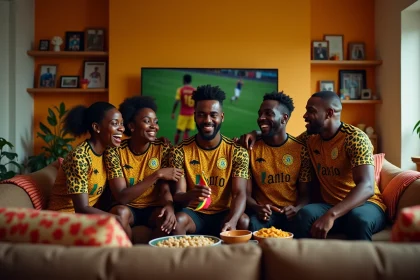 Des membres de la diaspora congolaise regardent un match des Léopards de la RD Congo ensemble dans un salon européen, arborant fièrement les maillots nationaux