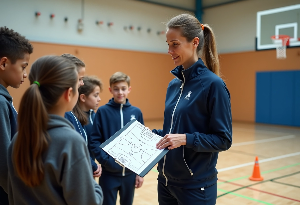 Enseignante discutant avec des enfants dans un gymnase