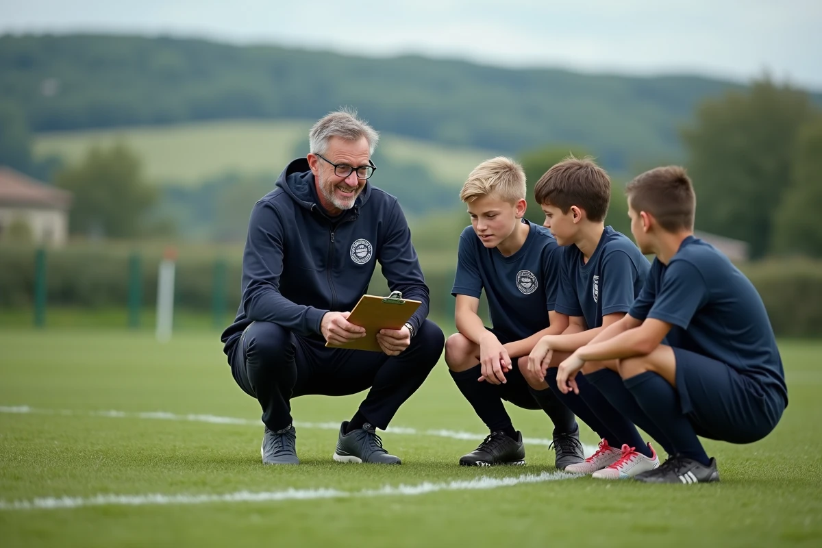 Entraîneur du football Drôme Ardèche expliquant une tactique à des jeunes joueurs sur un terrain régional avec vue sur les collines ardéchoises