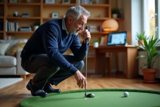 Golfeur s'entraînant au putting sur un tapis intérieur en hiver avec un tutoriel golf ouvert sur ordinateur portable
