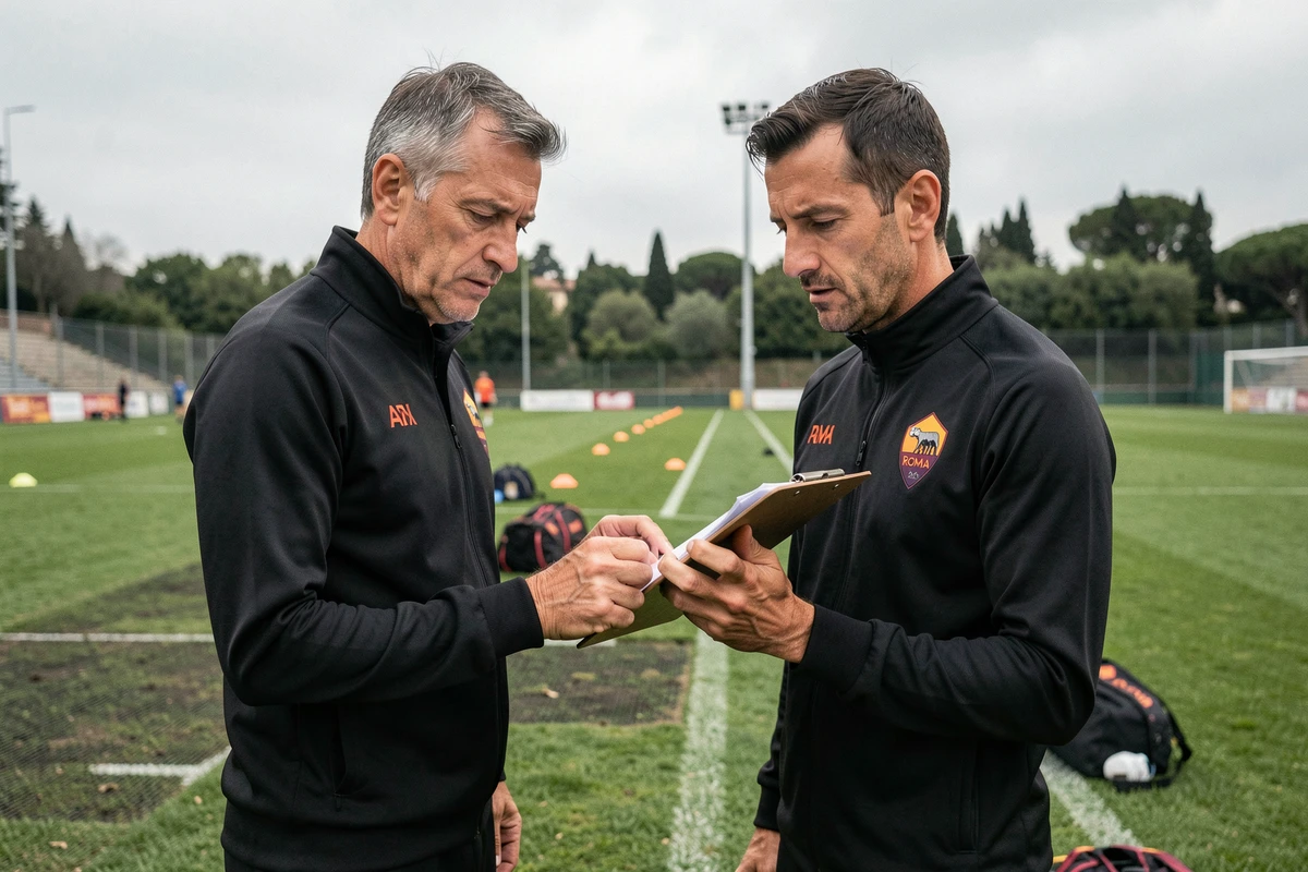 Entraîneur de l'AS Roma analysant des tactiques lors d'une séance d'entraînement, calendrier 2026