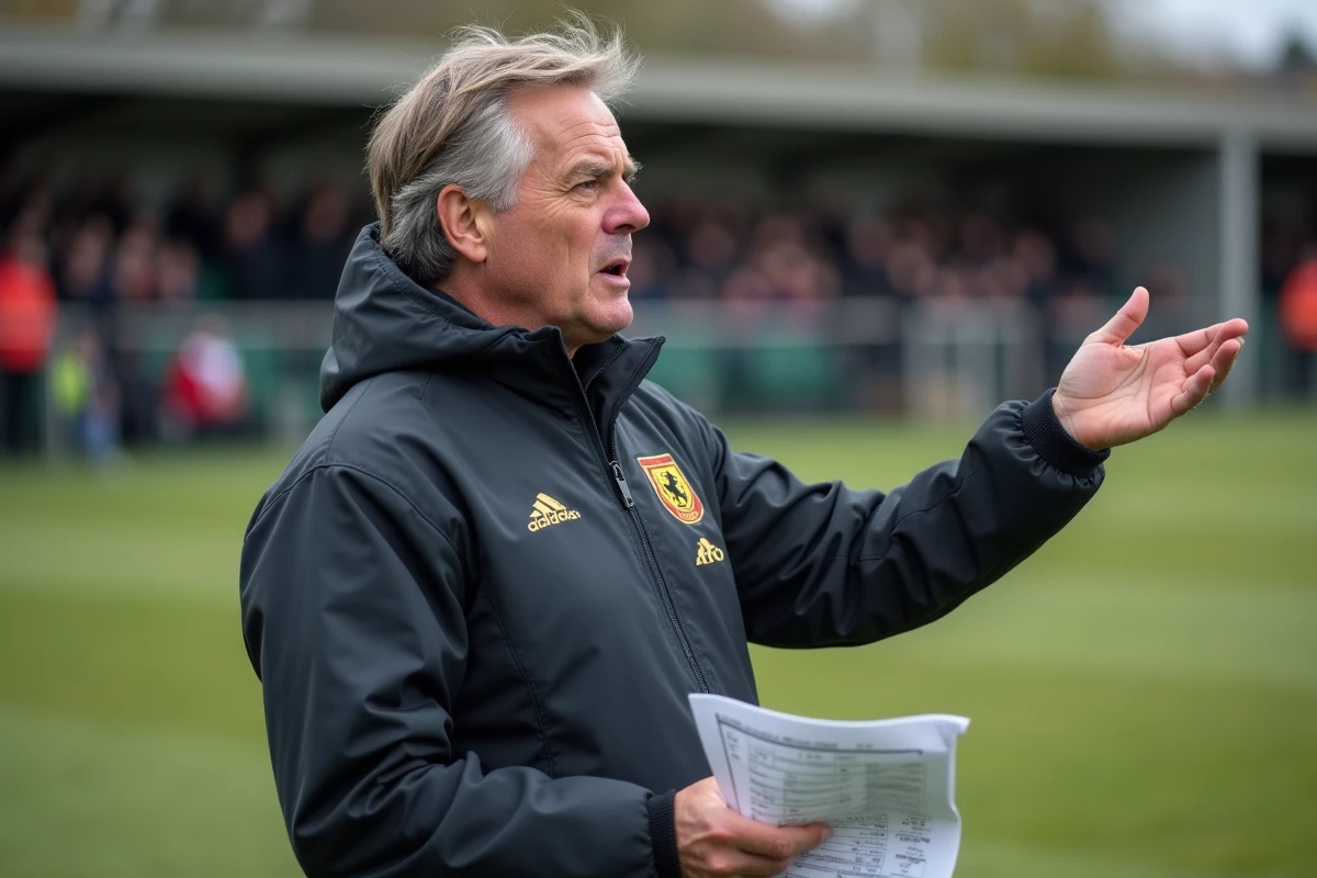 Entraîneur de football amateur sur le bord du terrain lors d'un match du district Aisne