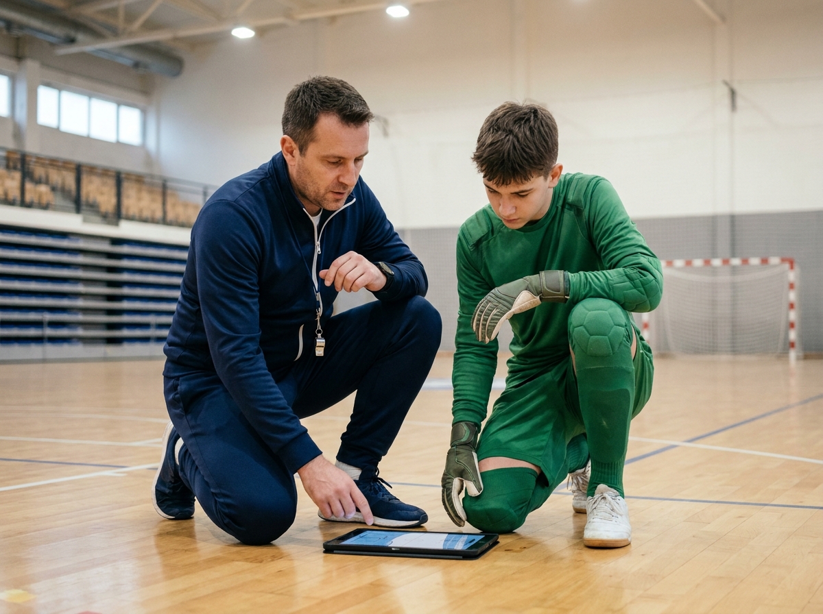 Entraîneur et jeune gardien de but analysant des exercices tactiques sur tablette lors d'un stage en salle
