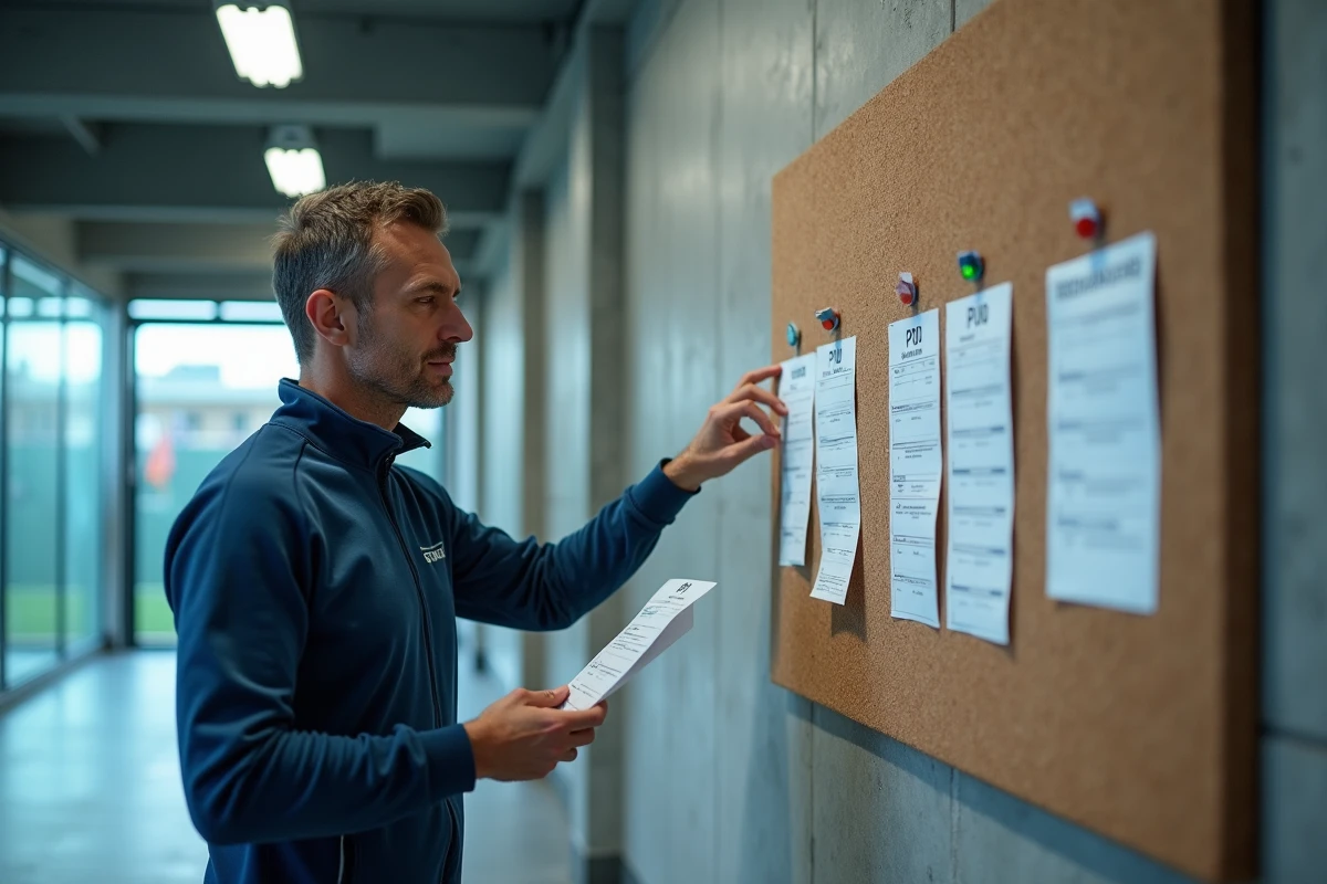 Entraîneur de padel affichant un tableau de points P100 et un planning de tournois 2026 dans un club indoor