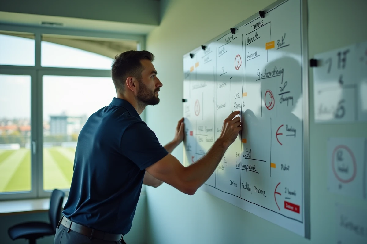 Entraîneur sportif préparant une saison avec un tableau tactique détaillé dans une salle de réunion moderne