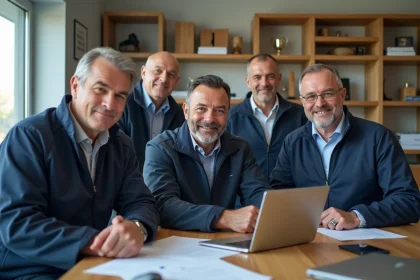 Groupe d'entra&icirc;neurs de judo en r&eacute;union dans un bureau moderne