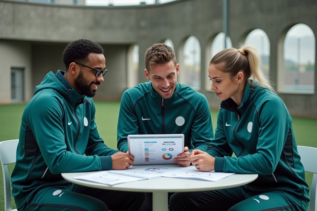 Groupe de sportifs en réunion de planification de saison avec documents et tablette sur un concours de stade