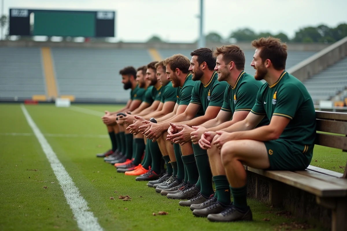 Groupe de joueurs de rugby assis sur un banc en extérieur