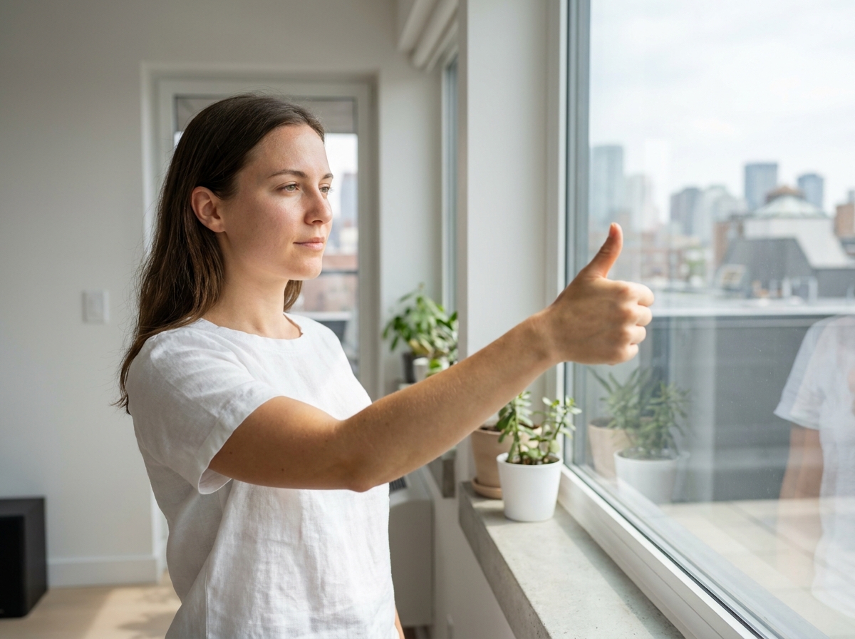 Jeune femme pratiquant un exercice de mise au point alternée pour reposer ses yeux près d'une fenêtre