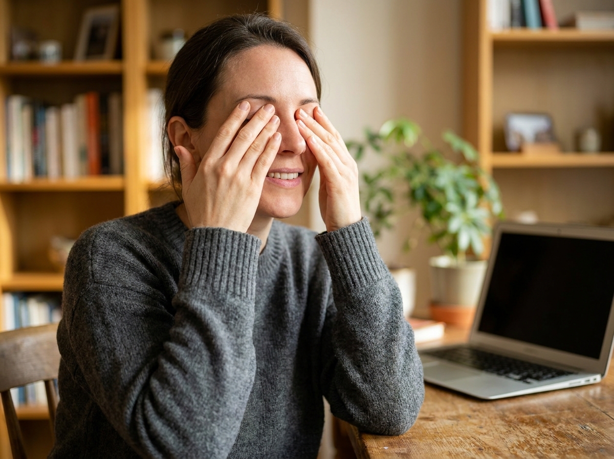 Femme pratiquant un exercice de palming pour soulager la fatigue oculaire à son bureau à domicile