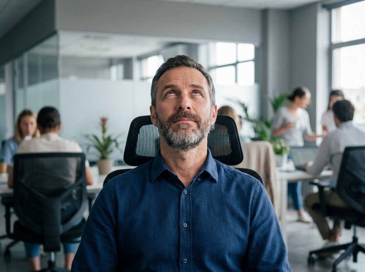 Homme effectuant un exercice de rotation des yeux pour réduire la fatigue visuelle au bureau
