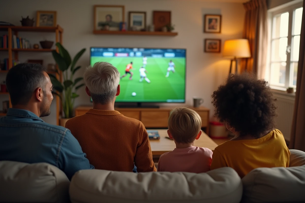 Famille réunie dans un salon pour regarder un match de football à la télévision, symbolisant les origines familiales et culturelles d'un joueur professionnel