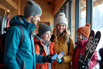 Famille souriante au comptoir de location de skis