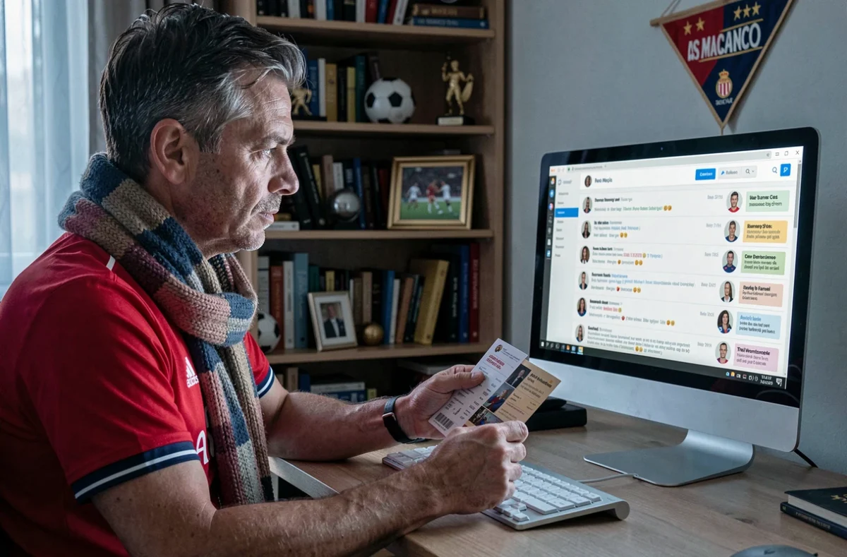 Fan de l'AS Monaco actif sur le forum foot depuis son bureau à domicile avec maillot et écharpe du club