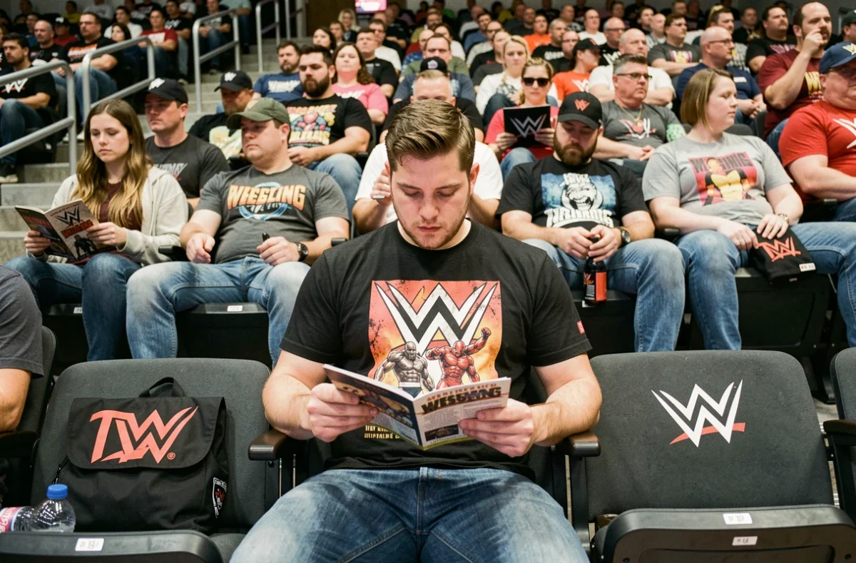 Fan de catch WWE lisant un programme dans les gradins d'une arène de lutte professionnelle