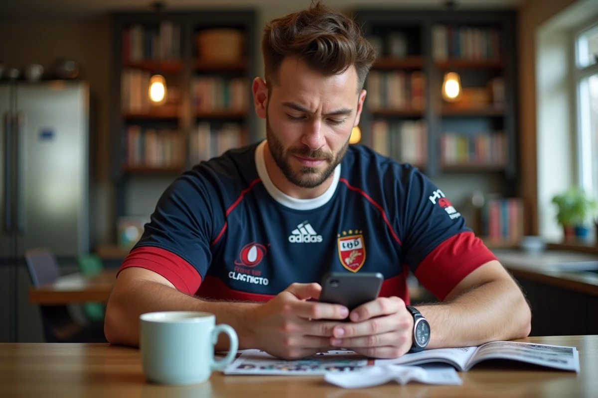 Fan de rugby consultant l'application CA Libre Rugby sur son smartphone à la maison pour suivre les résultats et le calendrier