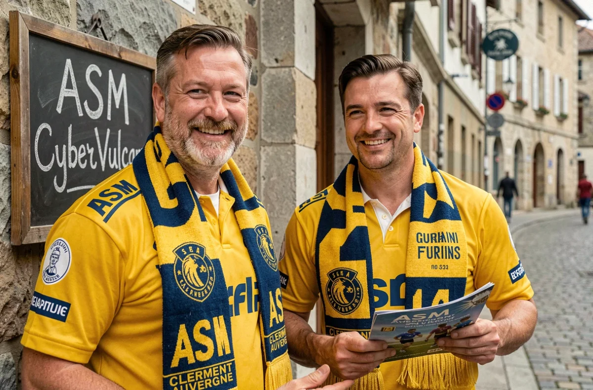 Deux fans de l'ASM Rugby devant l'entrée du QG des supporters ASM CyberVulcans à Clermont-Ferrand