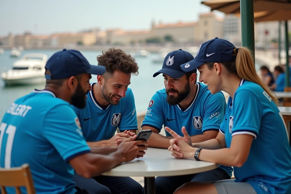 Groupes de fans marseillais au Vieux-Port analysant les derniers matchs de l'OM sur smartphone en 2026