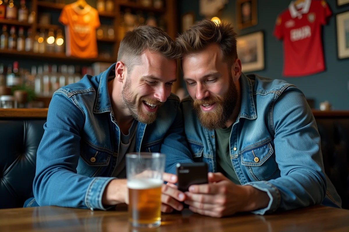 Deux fans de rugby analysant le classement et les rumeurs de transferts ensemble dans un pub sur un smartphone