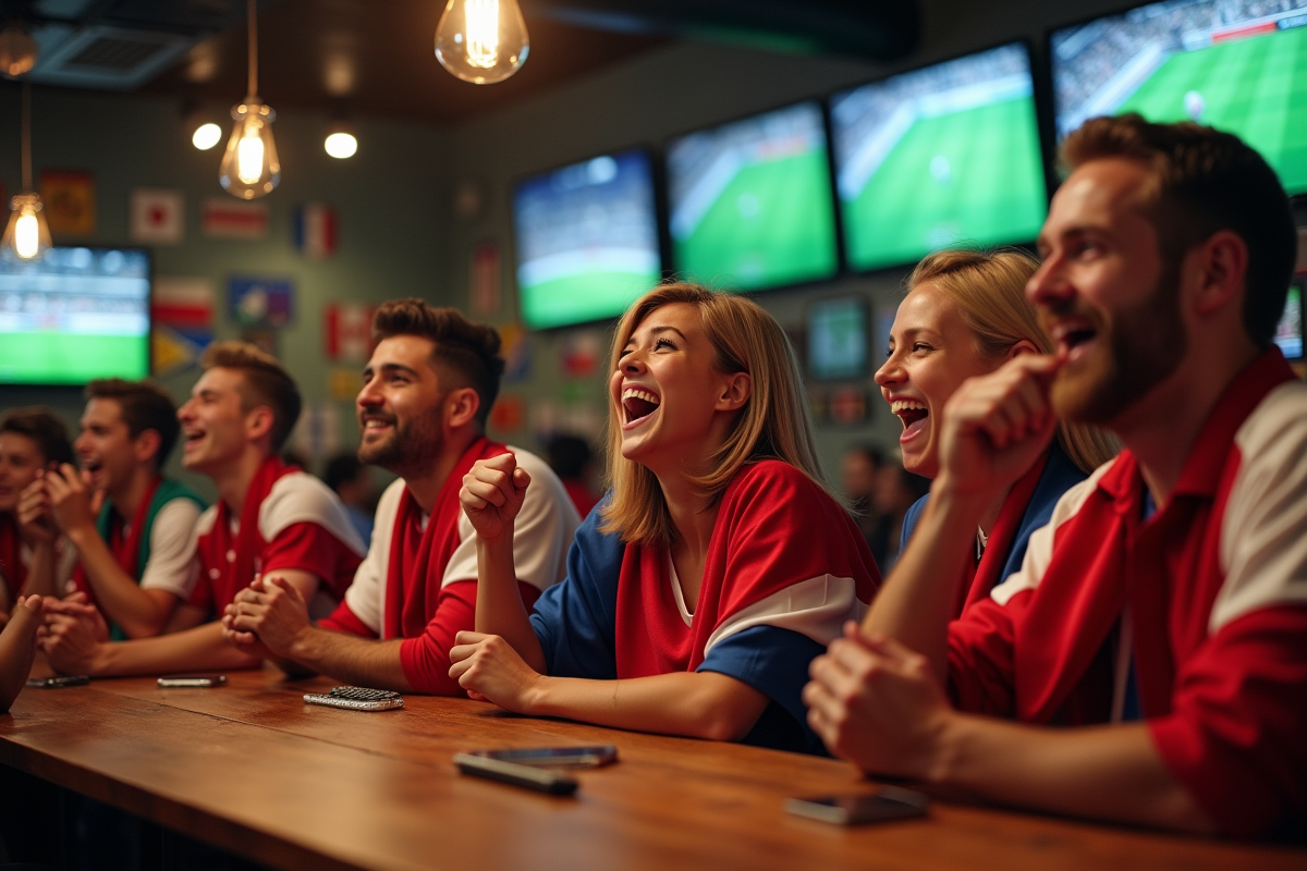 Fans passionnés dans un bar sportif regardant un match