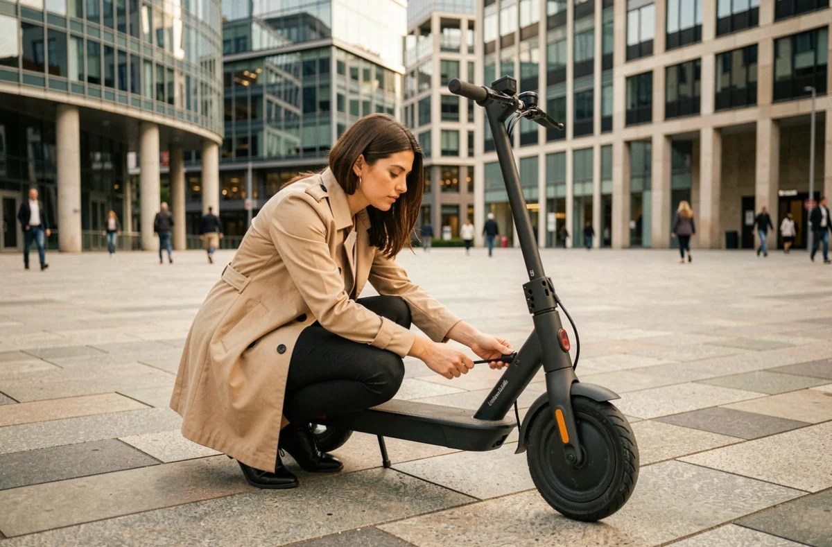 Femme attachant un antivol câble sur une trottinette Urban Glide 140 garée dans une place urbaine moderne