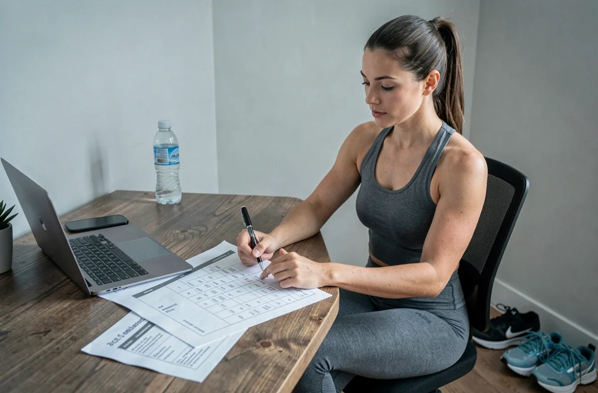Femme athlète annotant un tableau allure km/h imprimé à son bureau lors de la planification d'un entraînement de course