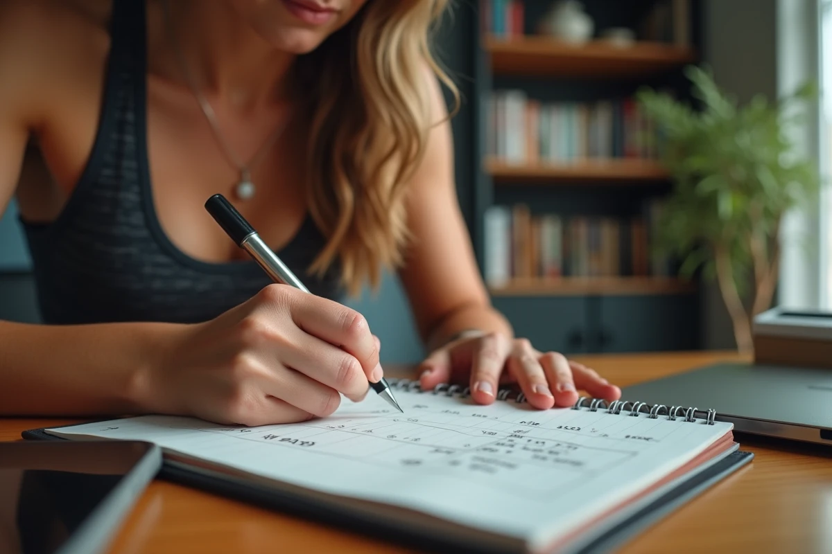 Femme athlète calculant ses temps de course au kilomètre dans un carnet d'entraînement à son bureau
