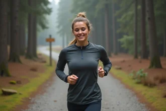 Femme sportive courant en forêt avec montre GPS