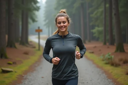 Femme sportive courant en forêt avec montre GPS