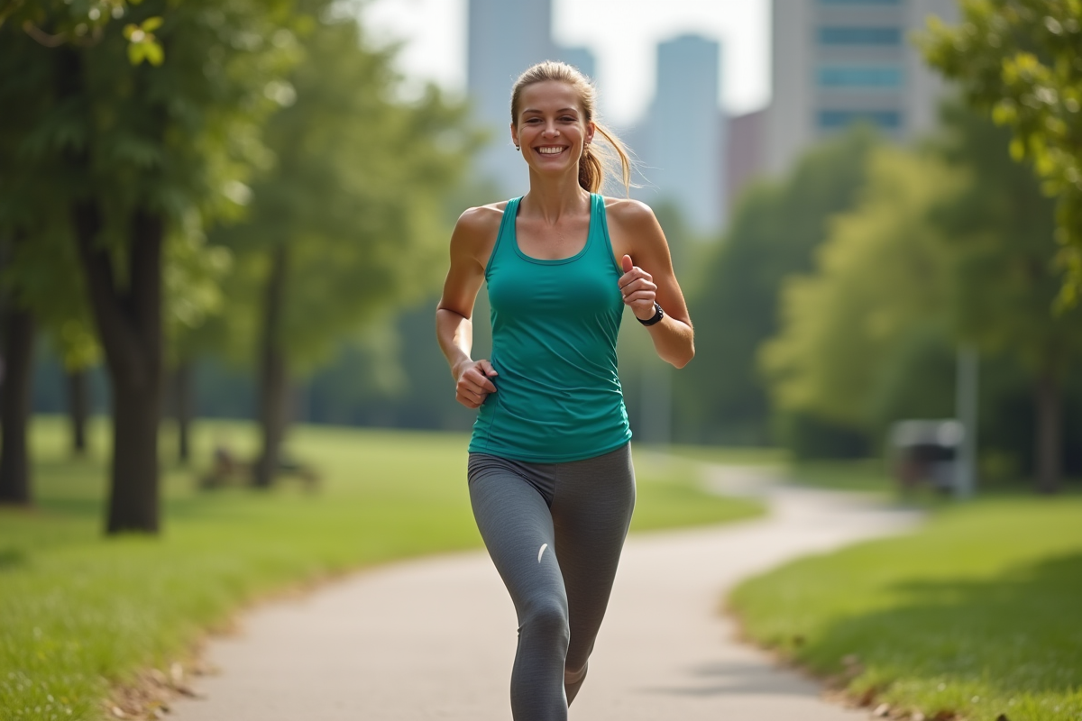 Femme en course dans un parc verdoyant
