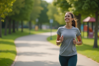 Femme courant dans un parc verdoyant en tenue décontractée