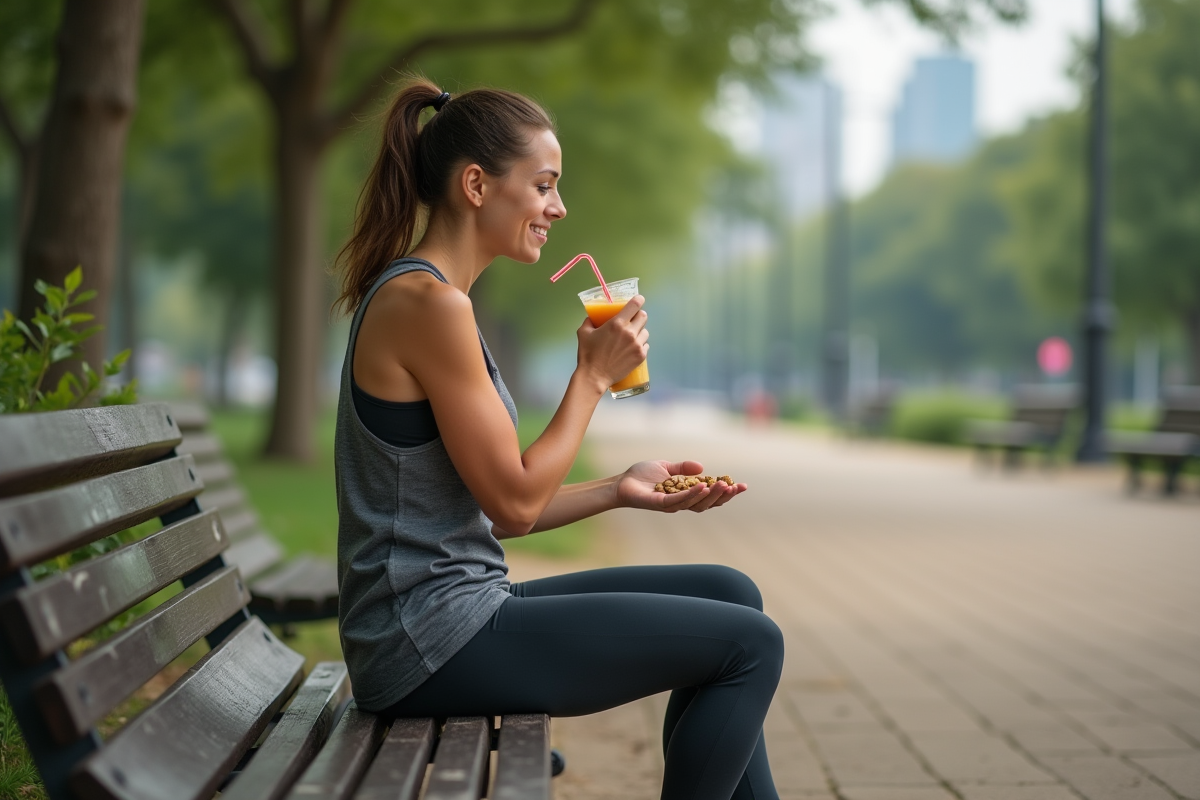 Femme courant dans un parc urbain en dégustant un smoothie