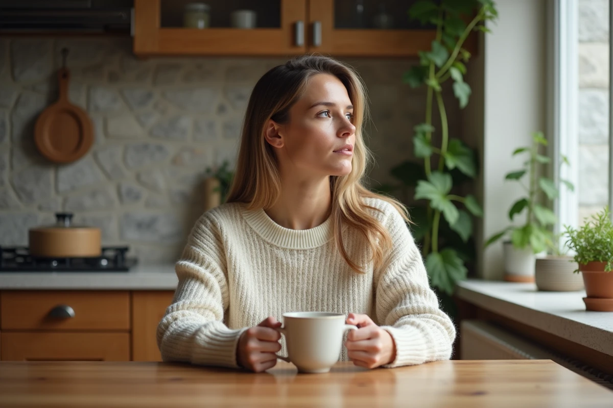 Femme élégante dans une cuisine familiale tenant une tasse, évoquant la vie quotidienne d'une épouse