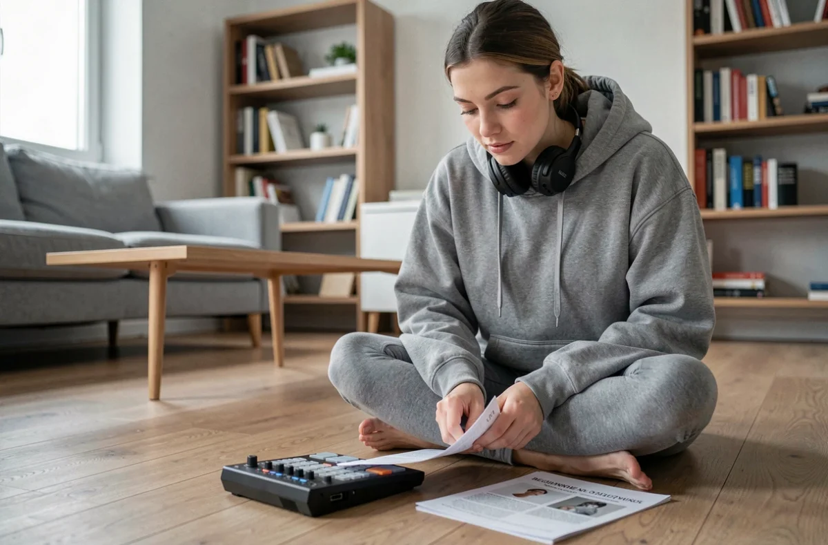 Jeune femme débutante apprenant la création de beats avec une machine à rythmes posée au sol dans un appartement minimaliste