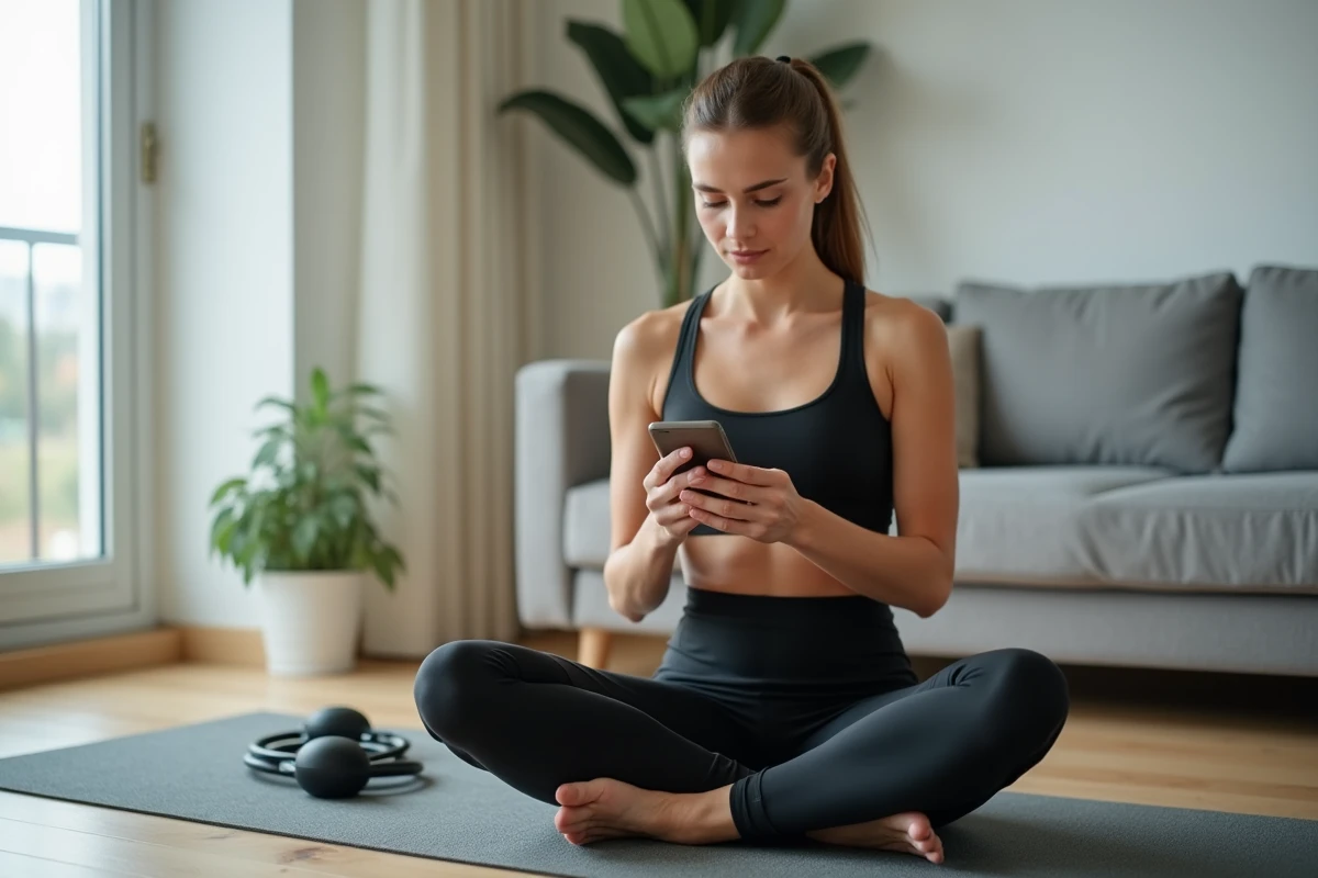 Femme débutante en musculation lisant des conseils sur un forum sportif depuis son smartphone dans son salon