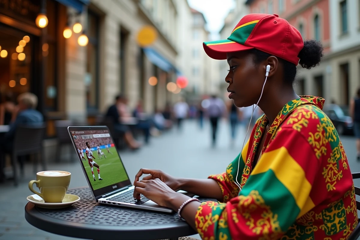 Une femme de la diaspora congolaise suivant en direct un match de football de la RD Congo en streaming sur son ordinateur depuis une terrasse de café européenne