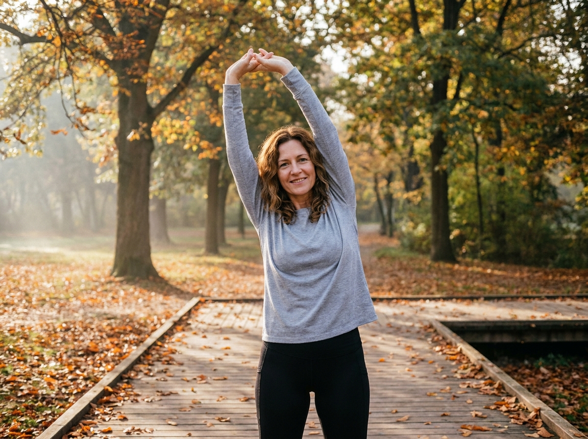 Femme de 45 ans faisant des étirements dans un parc en automne, illustrant une activité physique douce et sans pression après 40 ans