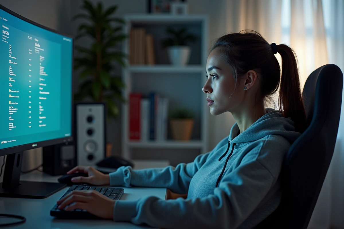 Femme concentrée jouant à un jeu vidéo dans un bureau minimaliste
